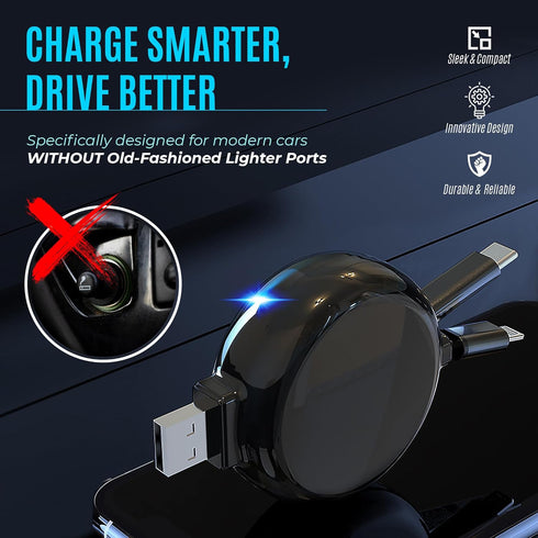 2-in-1 Retractable Car Charger for iPhone and Android | Modern Car Charger Retractable Cord | Retractable iPhone Charger Cord 15W Fast Charging | ...