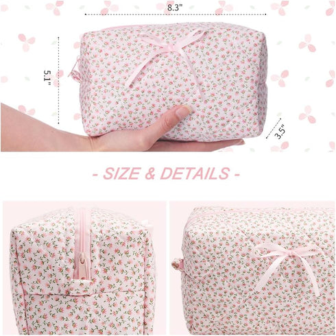 Quilted Makeup Bag, Floral Cosmetic Bag Cute Handmade Aesthetic Pink Toiletry Bag Flower Coquette Accessories Cotton Pouch for Women?Pink Medium?...