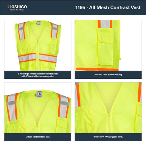 Kishigo All Mesh Contrast Unisex Reflective Safety Vest 1195, ANSI Type R / Class 2 Compliant, 6 Pockets - Pencil & Radio Pockets, Zipper Front, S...