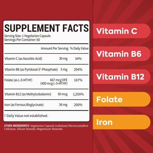 Iron Supplement, Iron Bisglycinate with Folate, Vitamin C, B6, B12, 5-in-1 Blood Support, Gentle on Stomach, Once Daily, Vegan, 60 Capsules...