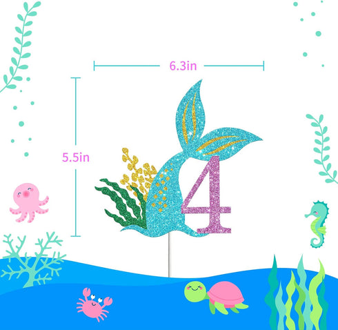 Mermaid Four Cake Topper, Happy 4th Birthday Cake Decor, I'm Four Sign, Little Mermaid Birthday Party Decoration Supplies, Daughter of the Sea, Un...