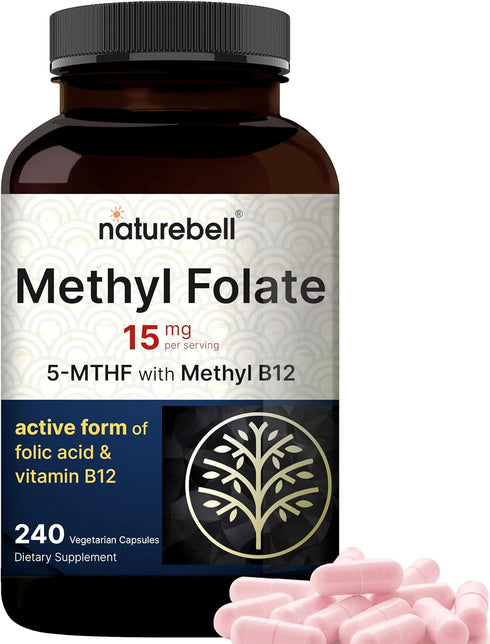 NatureBell L Methylfolate 15mg, 240 Veggie Capsules | 5-MTHF with Methyl B12 1,000mcg | High Potency Dual Action for Energy & Cognitive Support, A...
