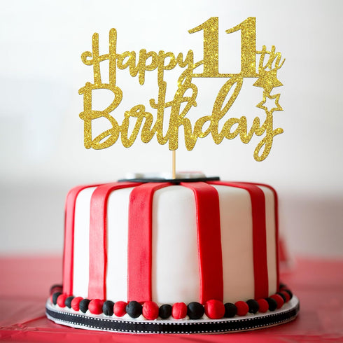 Gold Glitter Happy 11th Birthday Cake Topper - 11 Sign Cake Topper - Cheers to 11 Years Party Supplies - 11th Birthday Party Decoration...
