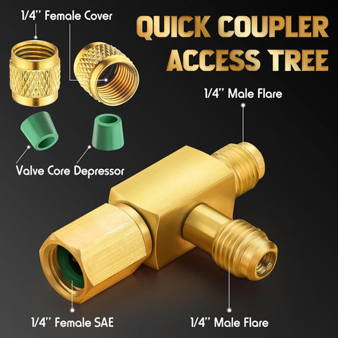 4 Pcs Air Conditioner Ball Valve and Quick Coupler Access Tee 1/4" SAE Adapter Kit Valves Core Tee Adapter with Swivel Connector and Straight Refr...