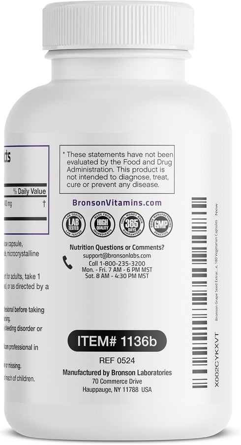 Bronson Grape Seed Extract 400 mg - Antioxidant & Immune Support - Standardized Extract with 95% Proanthocyanidins- Non GMO, 180 Vegetarian Capsul...