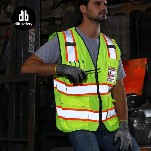 Reflective Vest High Visibility Two Tone with Pockets and Zipper, ANSI Class 2 Compliant, Yellow with Orange Trim XL...