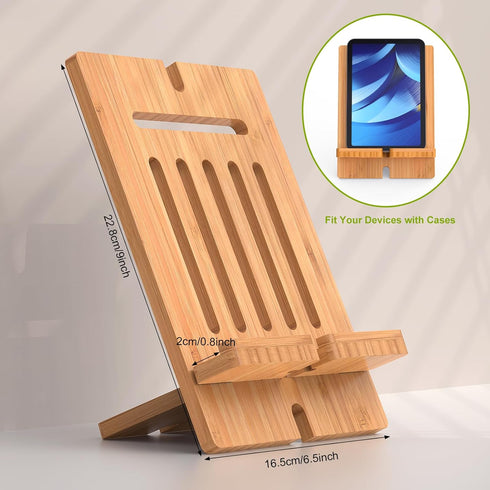 Pezin & Hulin Bamboo Tablet Stand Adjustable, Desktop Cell Phone Stand Holder Dock Compatible with Pad 9.7, 10.5, 12.9, Air 2 3 4 Mini, Kindle, Ph...