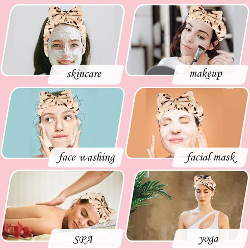 3PCS Spa Headband with Wristband Set,Makeup Headband, Bow Headband for Washing Face, Teen Girls Fuzzy Skincare Headbands, Hair Bands for Women Leo...