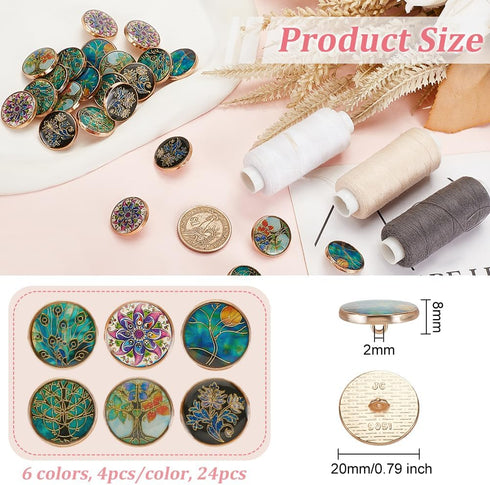OLYCRAFT 24Pcs 6 Styles Alloy Enamel Shank Buttons Plant Theme Metal Blazer Buttons 20x8mm Flower Tree Vintage Shank Buttons Round Sewing Shank Bu...