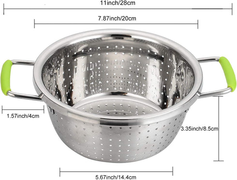Stainless Steel Deep Colander Micro-perforated 2.5 Quart Metal Food Strainer with Green Silicone Handles for Draining Pasta Cleaning Food like Fru...