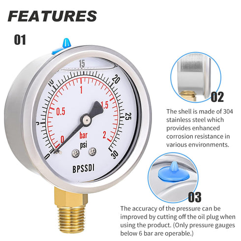 0-30 Psi Pressure Gauge, Glycerin Filled, Water Pressure Gauge, 2-1/2" Dial,1/4"NPT Lower Mount, Stainless Steel Case, for Pneumatic Regulator Air...