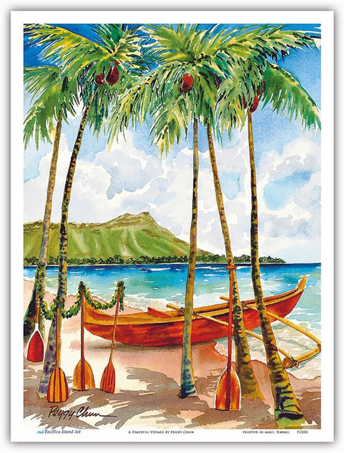 A Peaceful Voyage - Hawaiian Canoe (Wa‘a) - Diamond Head Crater - From an Original Watercolor Painting by Peggy Chun - Master Art Print (Unframed)...