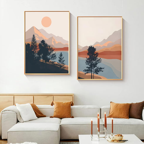 Bankrenart Nature Landscape Wall Art Prints Mountain Sun Lake Wall Art for Living Room Unframed Mid Century Wall Art Forest Pictures Artwork Boho ...