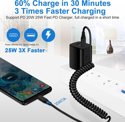 iPhone 15 Pro Max Charger Cable 3FT for Car, Coiled USB C to USB C Fast Power Charging Cord Short Android Phone Wire for Samsung Galaxy A15 A25 5G...