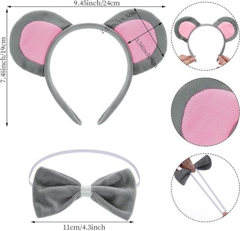 Mouse Costume Accessories Set, Mouse Ears Headband Nose Bowtie and Tail Costume Accessories for Halloween Dress Up Play Party...