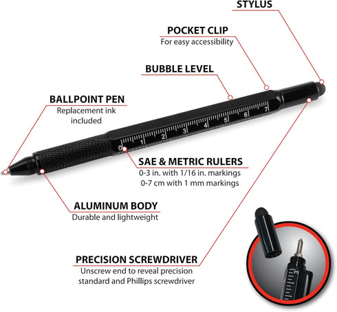 Performance Tool W9217 2 pk. Multi-Function Aluminum Black Ballpoint Pens, LED Light Stylus Ruler Level Bottle Opener Slotted & Phillips Screwdriv...