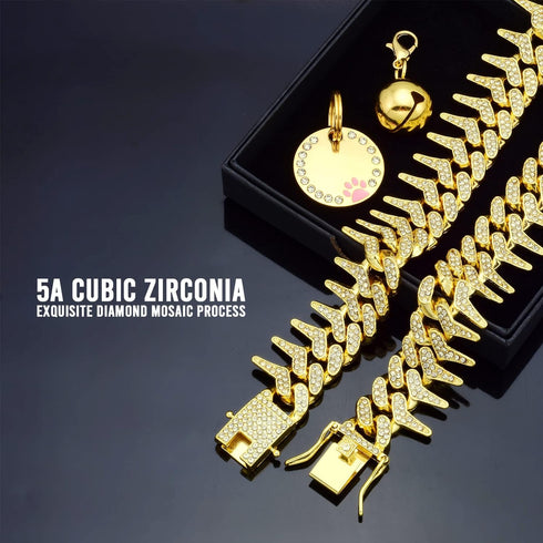 Rivet Cuban Link Dog Collar 13mm Gold Chain Dog Cat Collar with Design Secure Buckle Bling CZ Diamond Chain Dog Collars for Small Medium Large Dog...