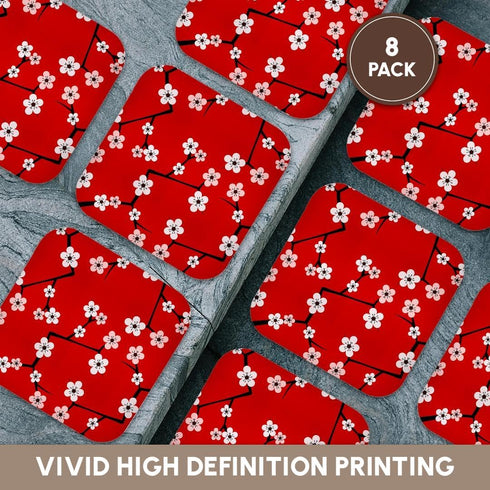 3dRose cst_58694_2 Bright Cherry Blossoms Print-Red-Soft Coasters, Set of 8...