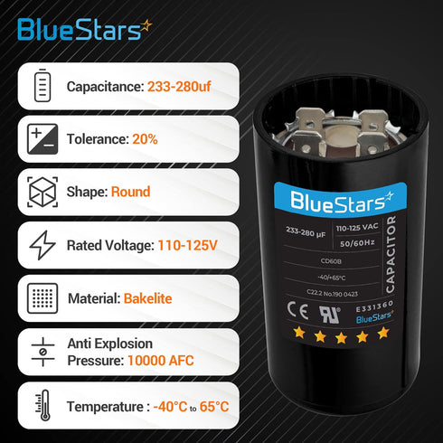 233-280 uf mfd 110-125VAC ±20% Volts Round Motor Start Capacitor 50/60 Hz AC Electric Replacement part by Blue Stars...