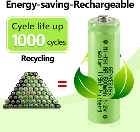 NiMH 1.2V 600mAh Rechargeable AA Batteries, Double A Rechargeable Batteries for Solar Lights Replacement, Mouse, Keyboard, Remotes, Flashlight,Ele...