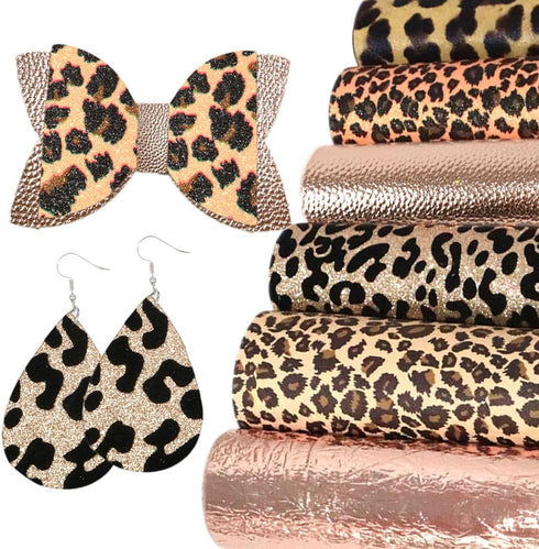Leopard Printed Faux Leather Sheet Metallic Burst Crack Synthetic Leather Fabric Assorted 6 PCS 7.7" x 12.9" (20 cm x 33 cm) for Hair Accessories ...