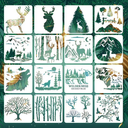 Forest Deer Stencils for Painting on Wood,16 Pcs Forest Mountain Tree Moon Animal Spray Paint Stencil for Wood Buring,Drawing Stencils for Crafts ...