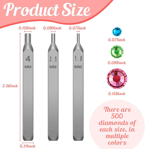 Flat Back Crystals Setter Metal Stamping Punches Kit includes 3 Pieces Jewelry Metal Stamping Tool for DIY, 1.8 mm, 2.5 mm, 4 mm and 1500 Pieces M...