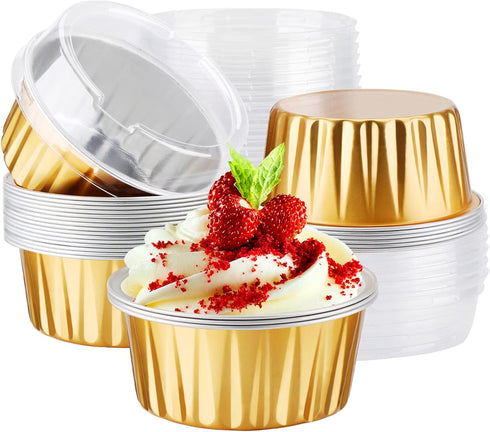 EUSOAR Disposable Ramekins Aluminum Foil, Gold 25Packs 5oz Baking Cups with Lids Mini Muffin Liners, Dessert Cheesecake Pan Creme Brulee Cupcake C...