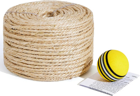 Yangbaga Cat Natural Sisal Rope for Scratching Post Tree Replacement, Hemp Rope for Repairing, Recovering or DIY Scratcher, 6mm Diameter, Come wit...