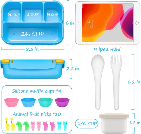Bento Lunch Boxes with 4 Compartments, Sauce Container, Utensils, Food Picks and Muffin Cups for School or Adults, Blue...