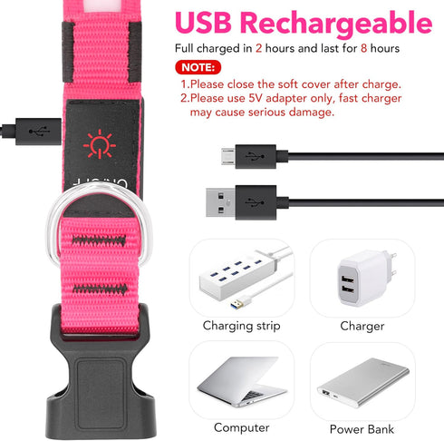LED Dog Collar, Light Up Dog Collar Adjustable USB Rechargeable Super Bright Safety Light Glowing Collars for Dogs (Large, Pink)...