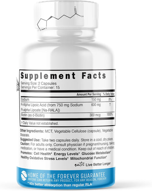 Nutri R Alpha Lipoic Acid 600mg Capsules - R Lipoic Acid Stabilized with Biotin - Active Form R-ALA - Clinical Dosage - Powerful Antioxidant and C...