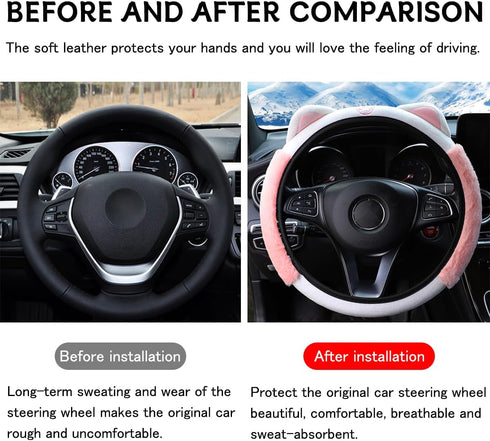Car Steering Wheel Cover, Fluffy Soft Plush for Winter Warm, Cute Steering Wheel Protector with Kitty Cat Ears, Universal 15 Inch, Elastic & Anti-...