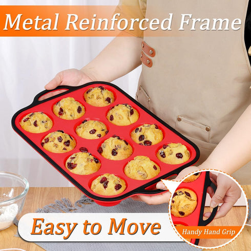 CAKETIME Silicone Muffin Pan with Metal Reinforced Frame Regular Size Muffin Pan with Handle Easy to Move 12 Cups for Baking Nonstick Muffin Tin B...
