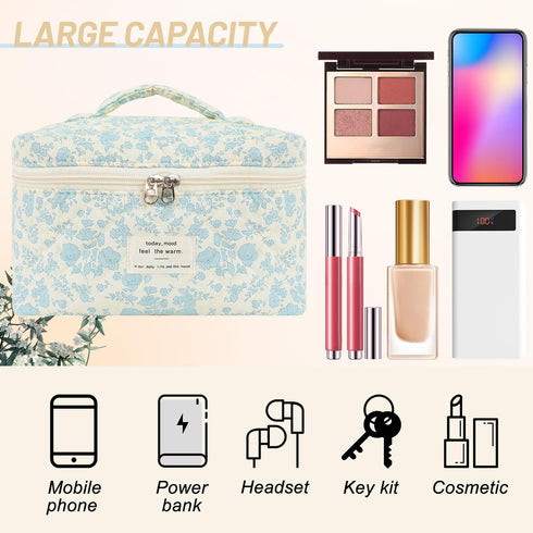 3Pcs Cotton Quilted Makeup Bag Large Travel Cosmetic Bag,Big Coquette Makeup Bag,Floral Aesthetic Toiletry Organizer Bag Zipper Pouch for Women Gi...