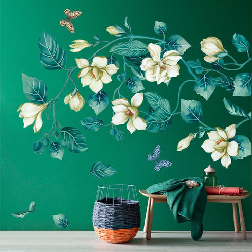 Amaonm Removable DIY 3D Blue Flower Vine White Floral Leaf Art Decor Kids Room Wall Sticker Girls Teens Bedroom Living Room Wall Decals Nursery Ro...