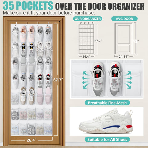 Tiblue Over The Door Shoe Organizer 35 Mesh Pockets Hanging Shoe Organizer Shoe Rack For Door Closet Entryway Bedroom Pantry Organizer - Shoe Hold...