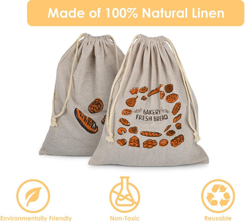 Linen Bread Bags Set of 4 Reusable Bread Bags for Homemade Bread Fresh Bread Storage for Crusty European Bread, Baguette...