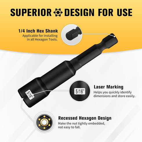 BOEN 1/4 inch Magnetic Nut Driver Set, 3 Piece Impact Drill Driver Bit Set, Size 1/4", 5/16", 3/8", Quick-Change Hex Shank SAE Nut Driver, Cr-V St...