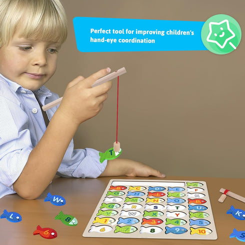 POPLAY Wooden Magnetic Fishing Game, Alphabet Fish Catching Counting Games Montessori Fine Motor Skills Toy with Letters and Numbers for Early Lea...