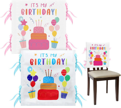 Tudomro 2 Pieces It's My Birthday Chair Cover Birthday Seat Cover for Office Chair Kids Chair Cover with Ribbons Cupcake Chair Back Covers for Cla...