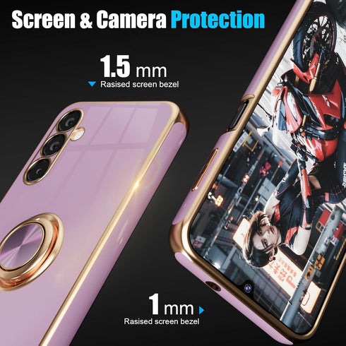 ?for Galaxy A14 5G Phone Case,+Screen Protector,with Magnetic Kickstand,Built-in 360° Rotation Ring Holder,Plating Gold Edge Slim Soft TPU Shockpr...