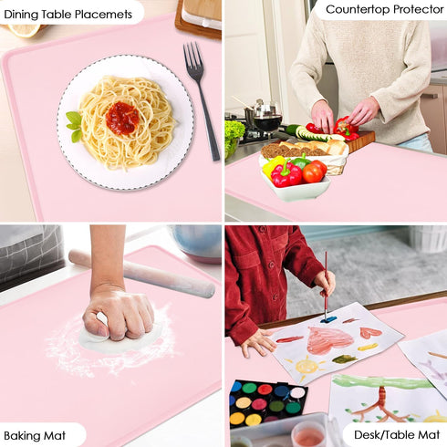 Pink Baking Mat-Multipurpose Kid Placemat Reusable Kitchen Countertop Mat Dough Pad with Raised Edges Silicone Heat Resistant Mat for Air Fryer (1...