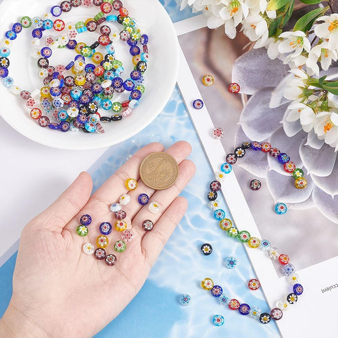 PH PandaHall 260Pcs 8mm Assorted Lampwork Beads Millefiori Lampwork Glass Beads Loose Bead Flat Round Spacer Bead for Necklace Earrings Jewelry Ma...