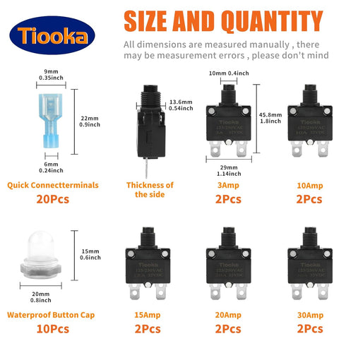 30Amp Thermal Circuit Breaker Assortment Kit Push Button Manual Reset 125/250V AC 32V DC Quick Connect Terminals Waterproof Button Caps for Overlo...