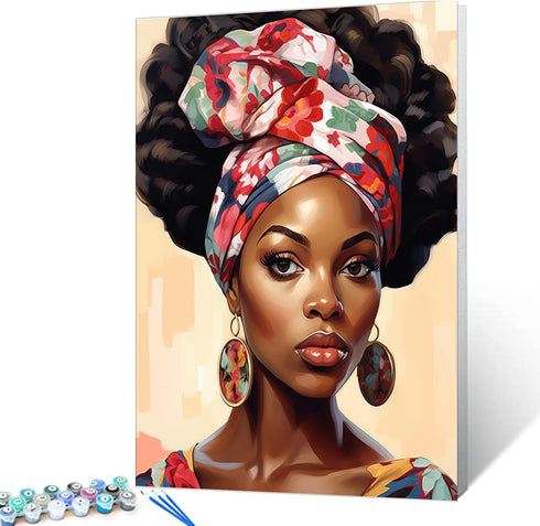 Black Woman African Wear Traditional Headscarf Paint by Numbers Kits 16x20 inch Canvas DIY Oil Painting for Kids, Students, Adults Beginner with B...