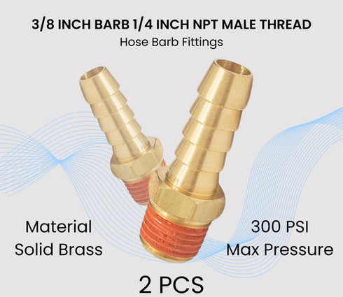 2 Pack Brass Air Hose Barb Fittings Adapter Set - 3/8" Barb to 1/4" NPT Male Pipe, Air Hose Repair Kit Connectors with Sealant...