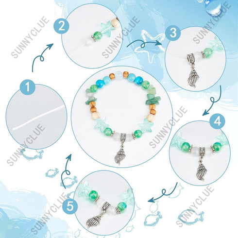 SUNNYCLUE 1 Box 6 Set Ocean Bracelet Making Kit Summer Hawaii Bracelets Ankles Sea Animal Beads Blue Glass Beads Sea Shells for Jewelry Making Kit...