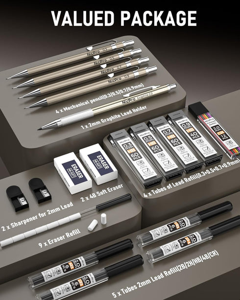 Nicpro 5 PCS Art Mechanical Pencils Set, Metal Drafting Pencil 0.3 & 0.5 & 0.7 & 0.9 & 2mm Graphite Lead Holder(4B 2B HB 2H Colored) for Sketching...