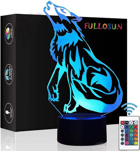 FULLOSUN Wolf Gifts, 3D Night Light for Kids Optical Illusion Lamp Co-Sleeping,Remote Controller with 16 Color Changing Birthday Gifts & for Kids,...